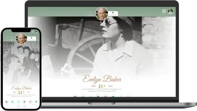 Website shown on laptop and phone with a green header and a black-and-white portrait centered on both screens