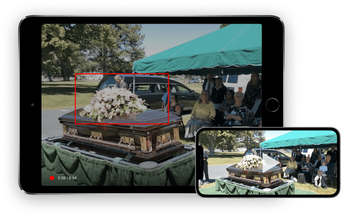 Two tablets showing a market stall with a decorative item under a green canopy