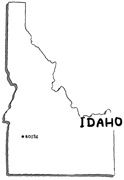 Black outline map of Idaho with the state name and Boise marked with a dot