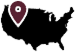Black silhouette map of the United States with a maroon location pin icon in the northwest