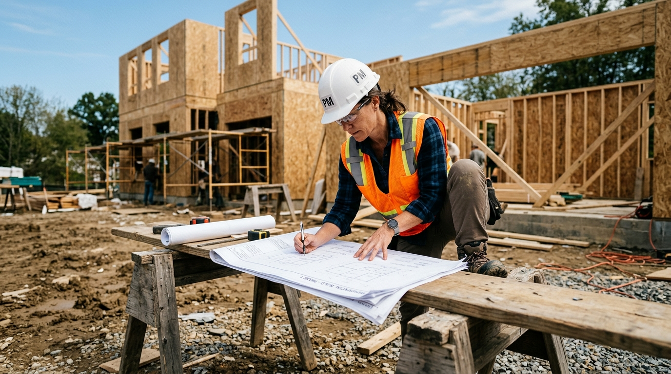 Construction workers framing a wood-structure building on a Maryland job site on a partly cloudy day