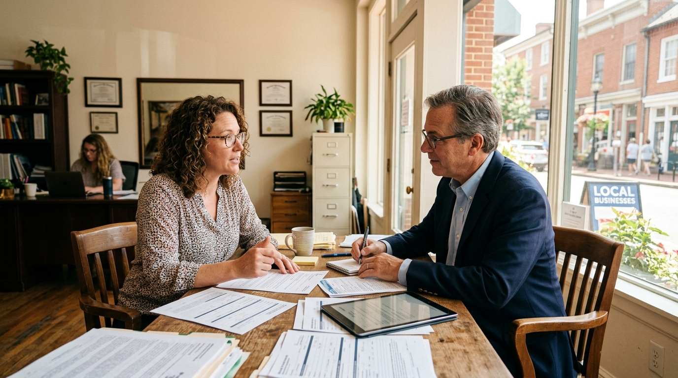 Small business owner reviewing insurance documents at a desk inside a Maryland retail shop