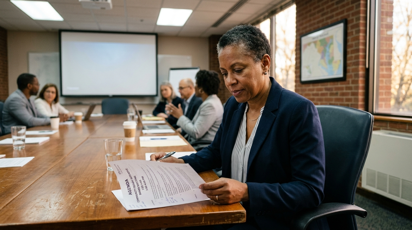 Business professional reviewing insurance documents at a desk in a Maryland office setting