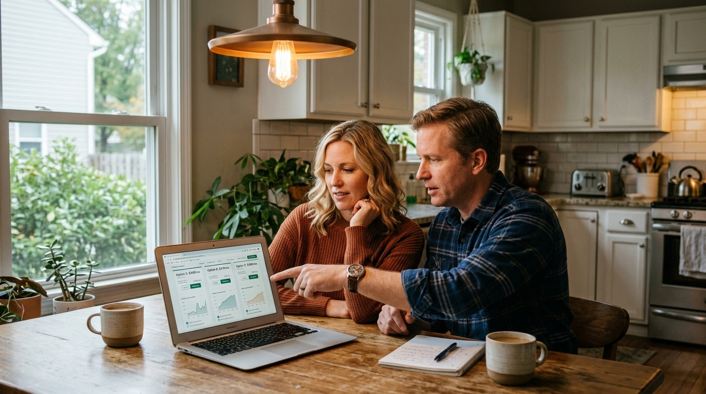 Independent insurance agent reviewing Erie Insurance policy documents with a client at a desk in Columbia, Maryland