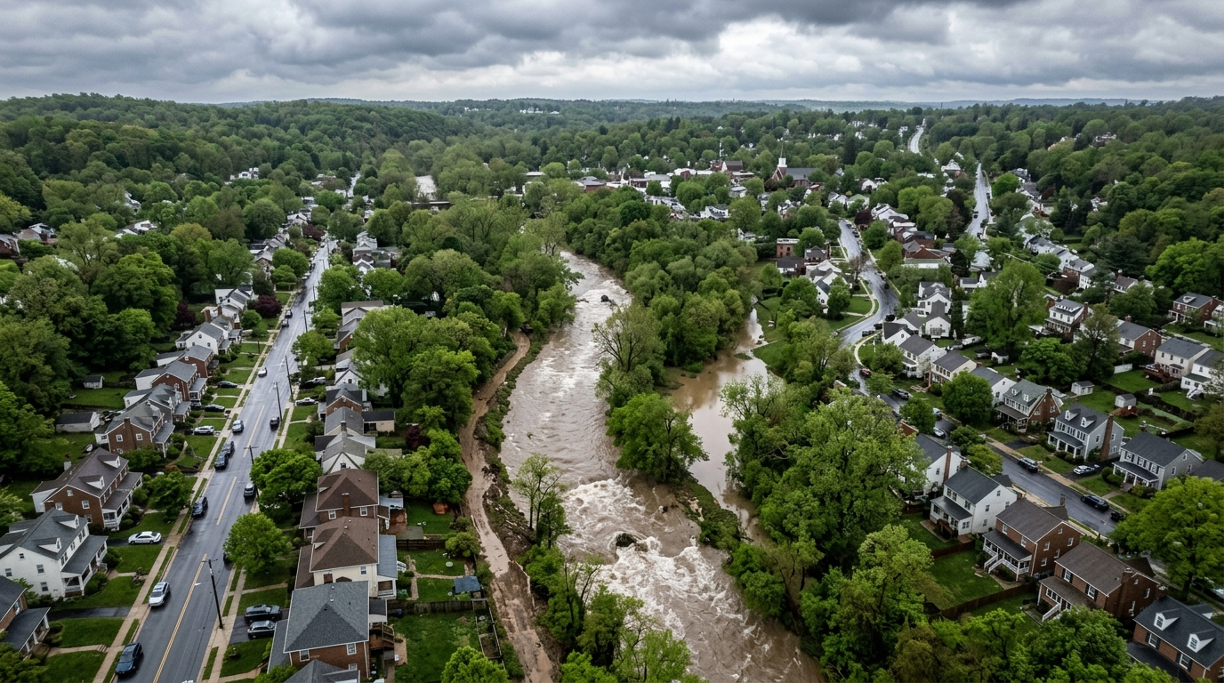 Aerial view of a flooded street in a historic Maryland valley town with stone buildings and swift-moving water