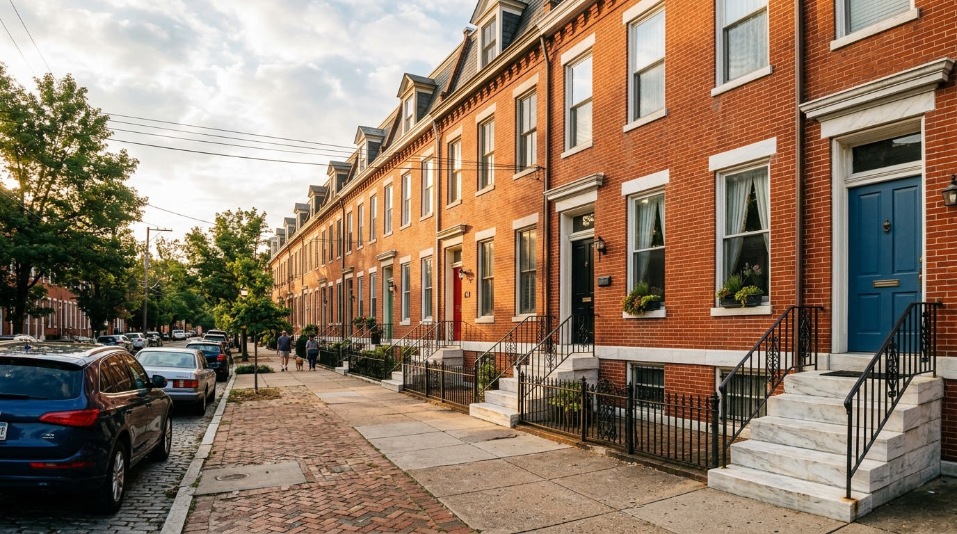 Baltimore Maryland residential neighborhood row homes on a sunny day with a clear blue sky