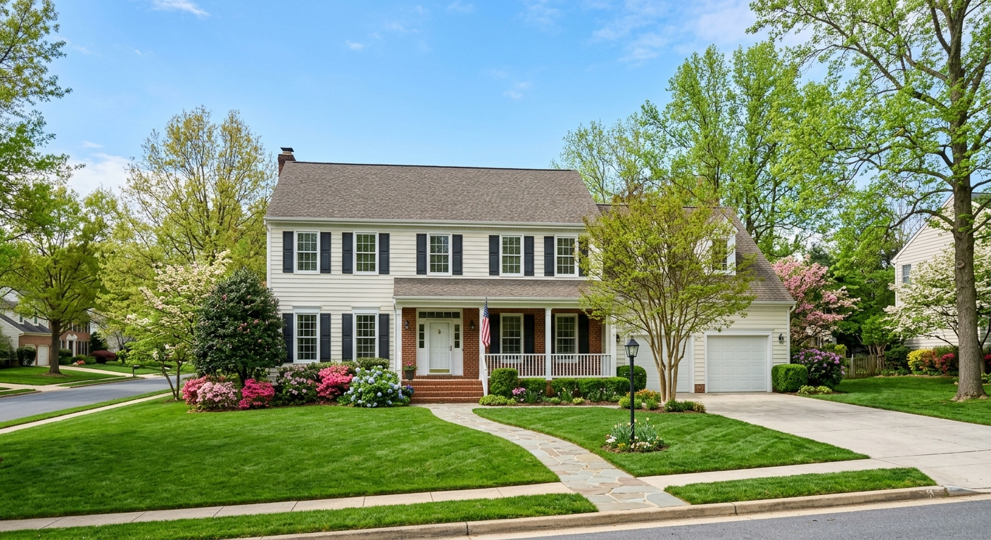 Brick colonial home in a Maryland suburb on a cloudy day with autumn leaves on the front lawn
