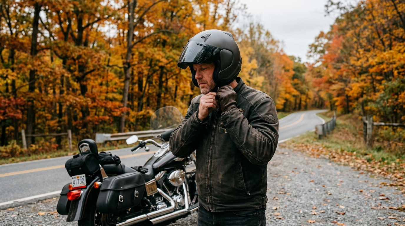 Motorcyclist riding on a tree-lined Maryland highway on a clear autumn afternoon