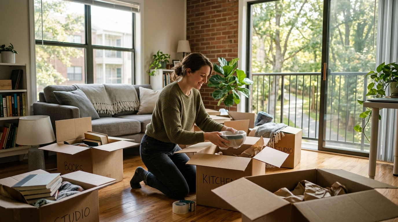Young woman reviewing documents at a desk in a modern Columbia Maryland apartment with natural light