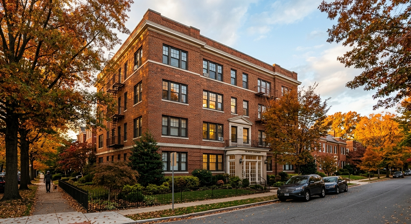 Rental apartment building on a tree-lined street in Ellicott City, Maryland on a clear day