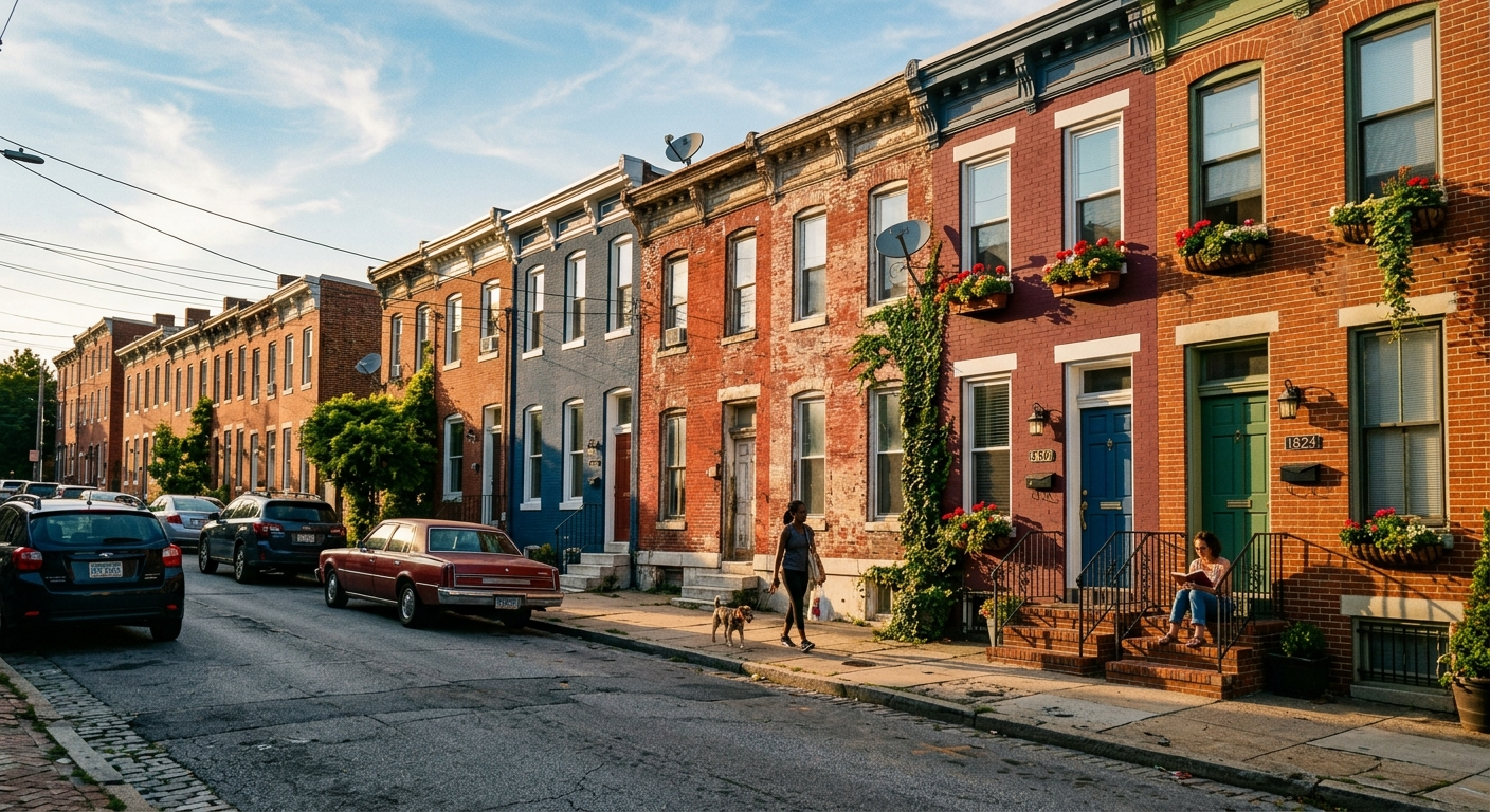Row of classic Baltimore brick rowhouses with marble stoops on a tree-lined city street on a clear afternoon