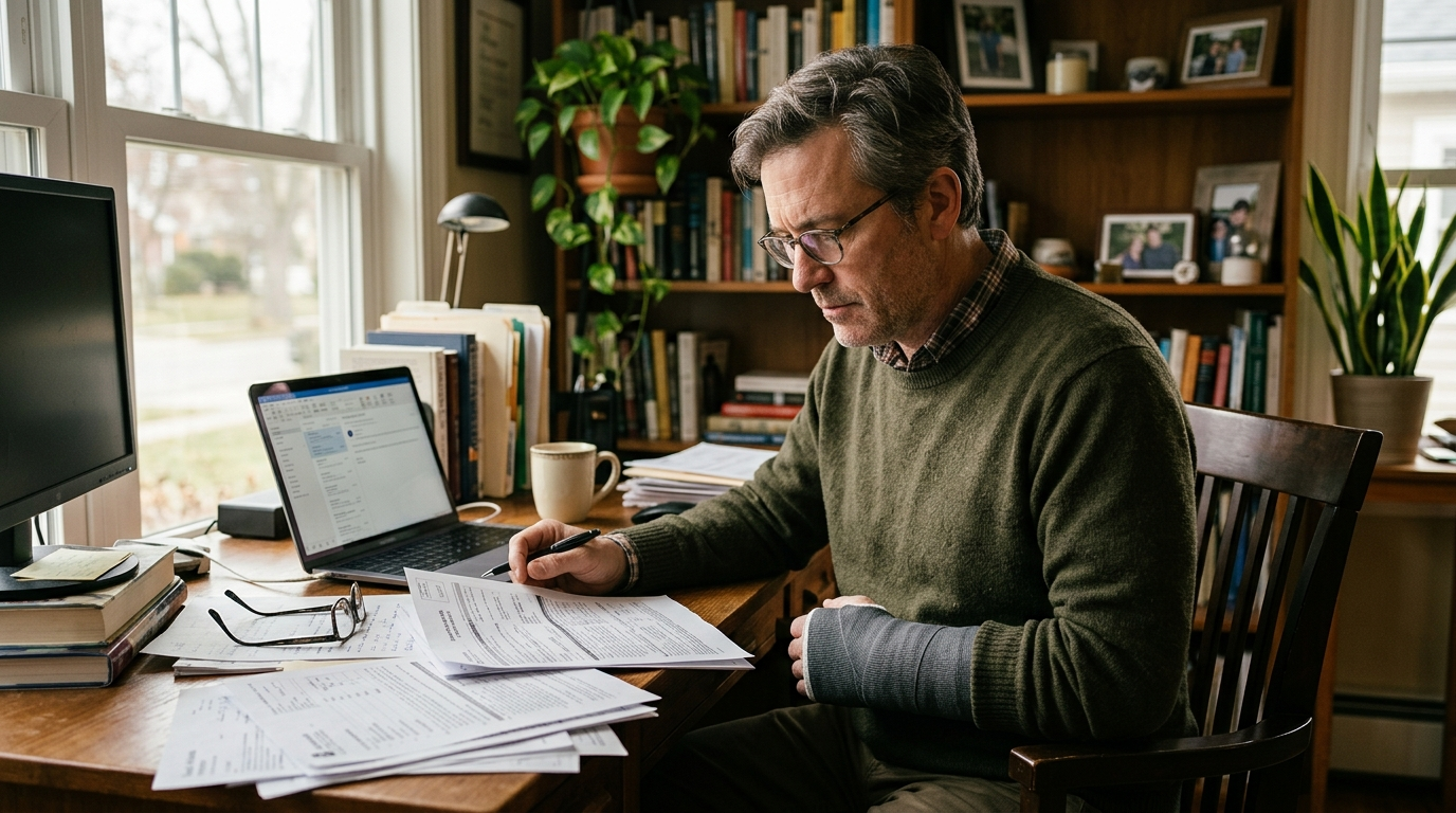 Maryland professional reviewing disability insurance documents at a desk in a home office