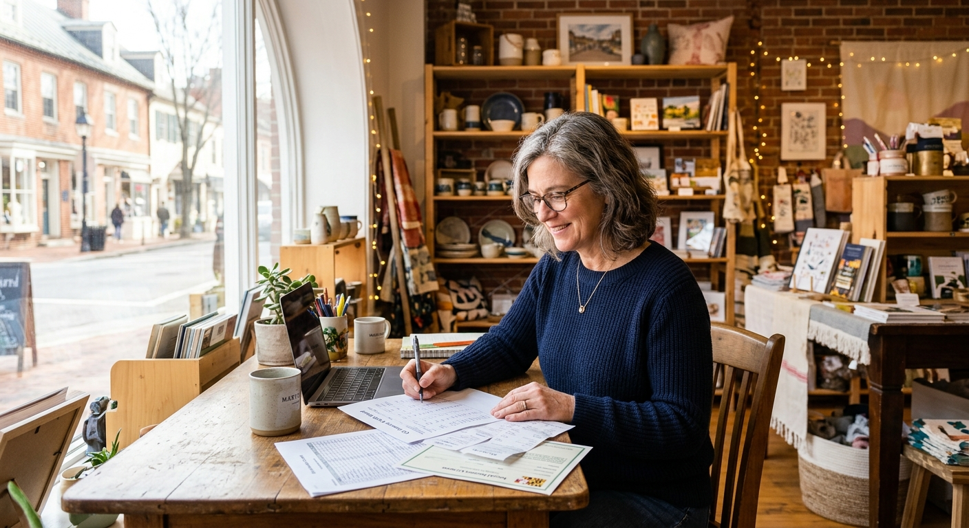 Small business owner reviewing insurance documents at a desk in a historic Ellicott City storefront