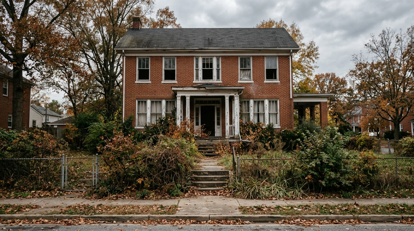 Empty two-story Maryland home with overgrown front lawn and closed windows on a cloudy afternoon