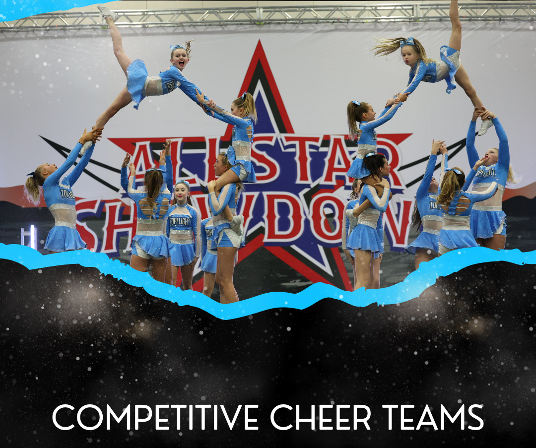 Competitive cheerleaders in light blue uniforms perform aerial stunts in front of an