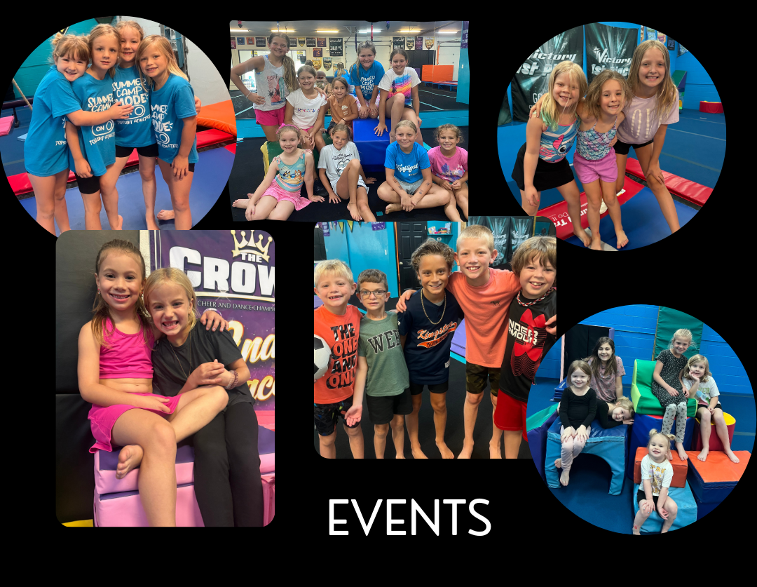 Collage of photos showing children playing, posing, and smiling together at an indoor athletic or recreational facility.