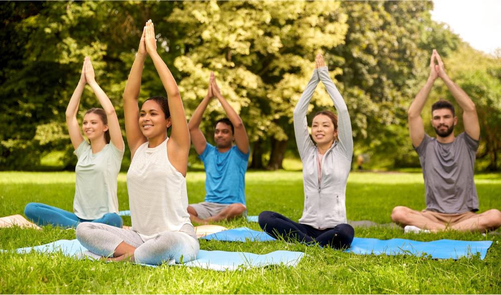 A group seated cross legged on yoga mats doing yoga in the grass in a park