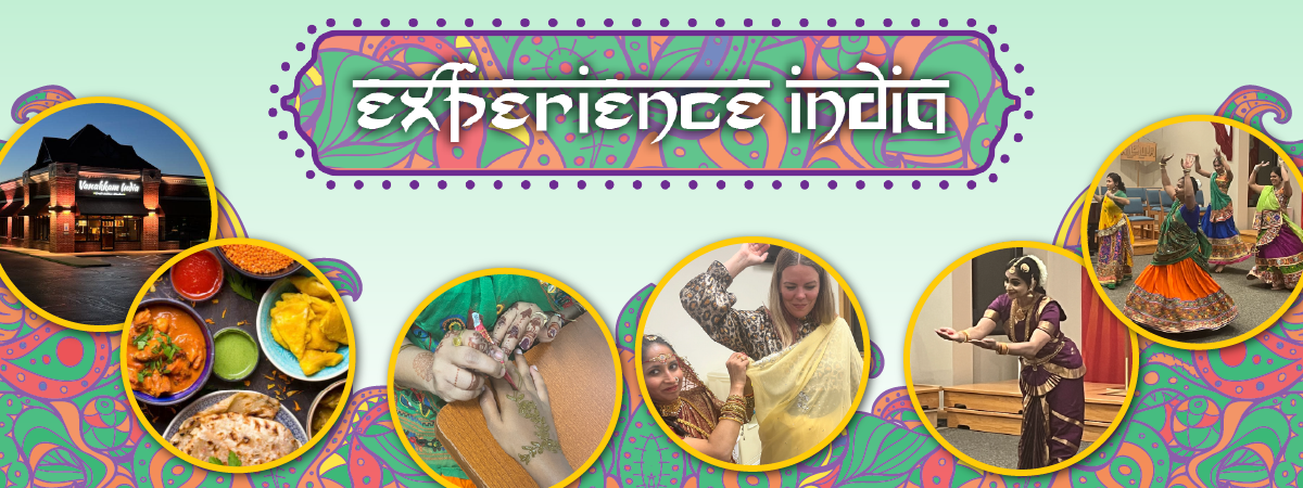 Experience India logo with images of dancing, henna tattoos and Indian food