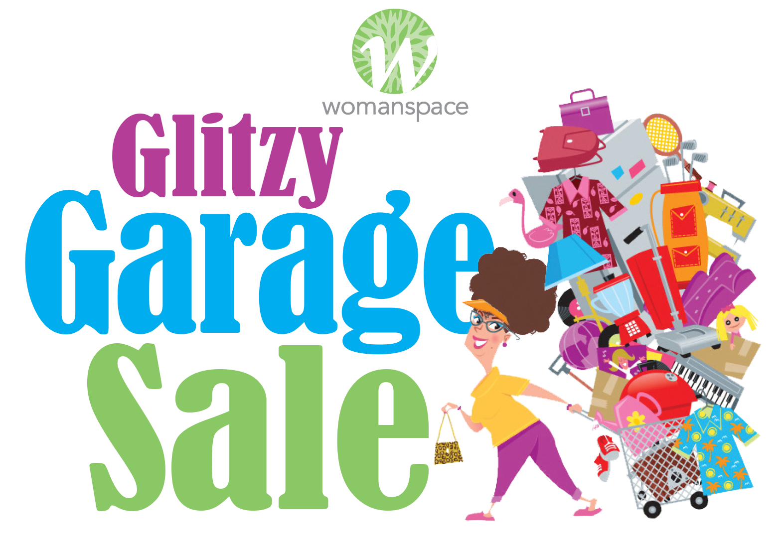 Glitzy Garage Sale logo will illustration of a woman with a shopping cart overflowing with home goods.