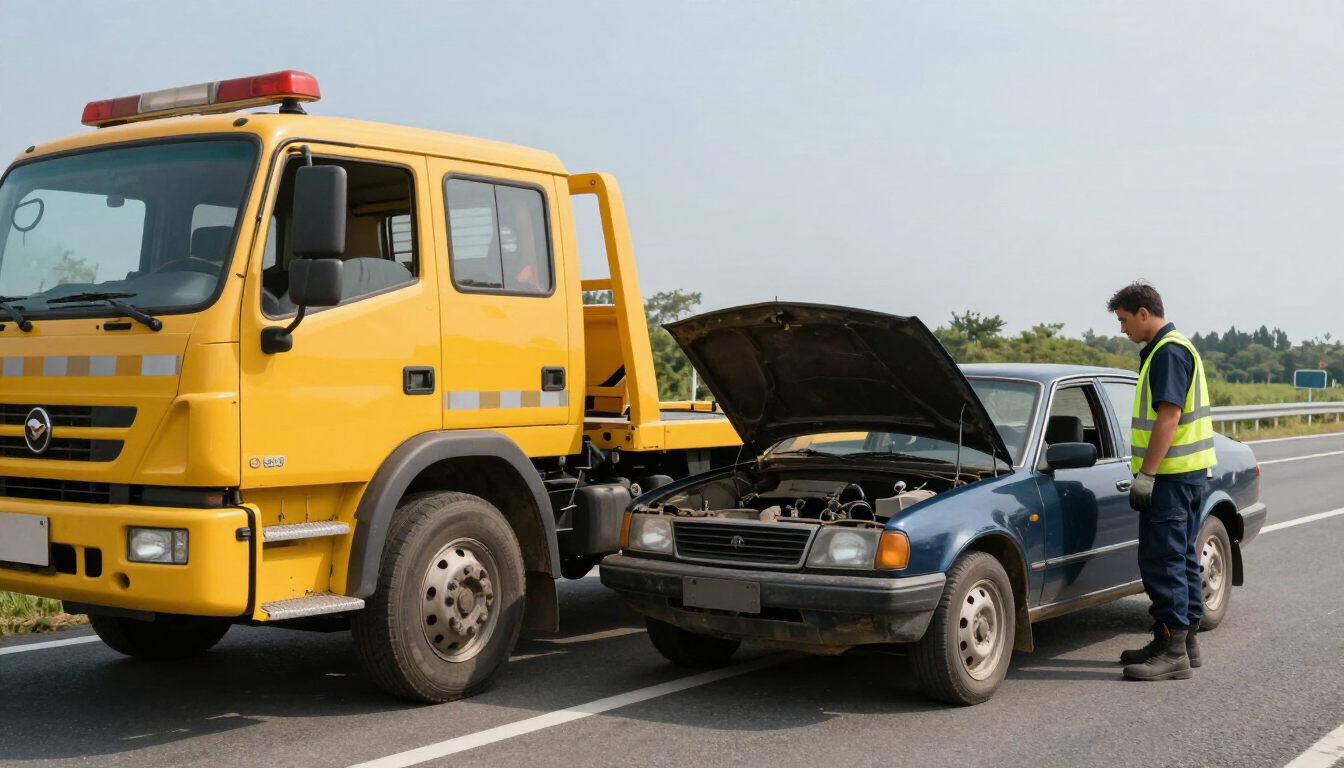 Tow truck assisting a blue car with open hood on a road, with a worker standing beside it