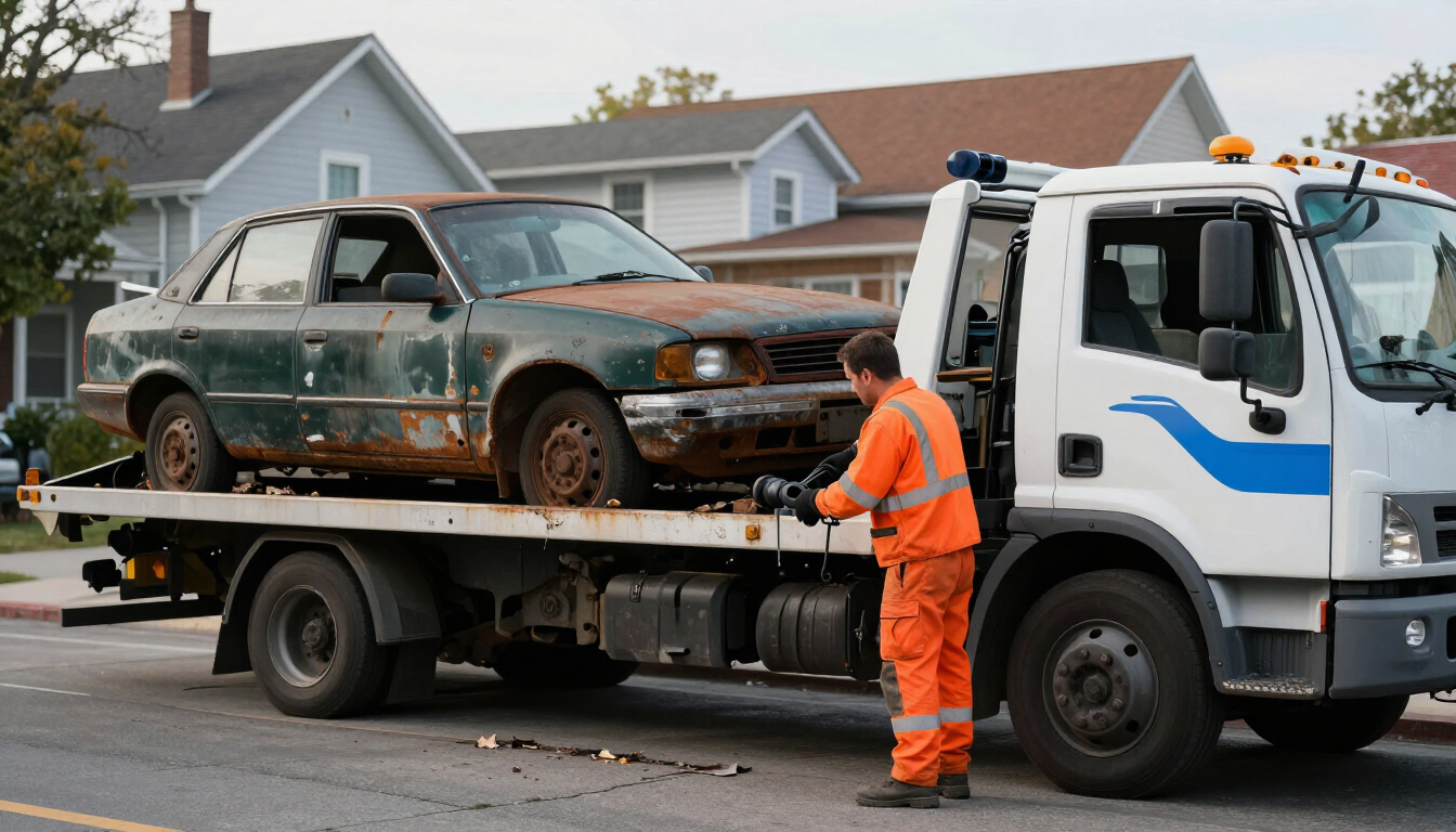 Tow truck loading a rusted car while a worker in orange stands beside it on a street