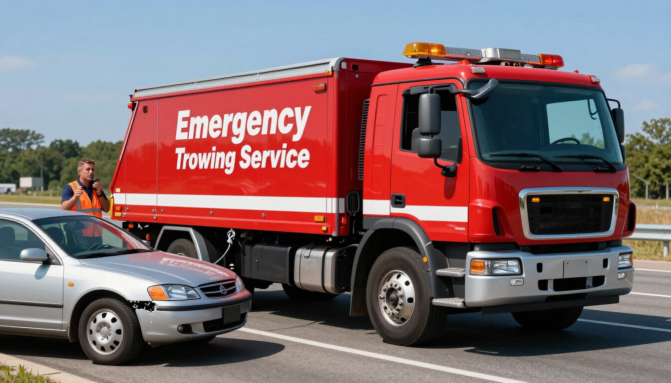 Red emergency towing truck beside a silver car on a highway shoulder