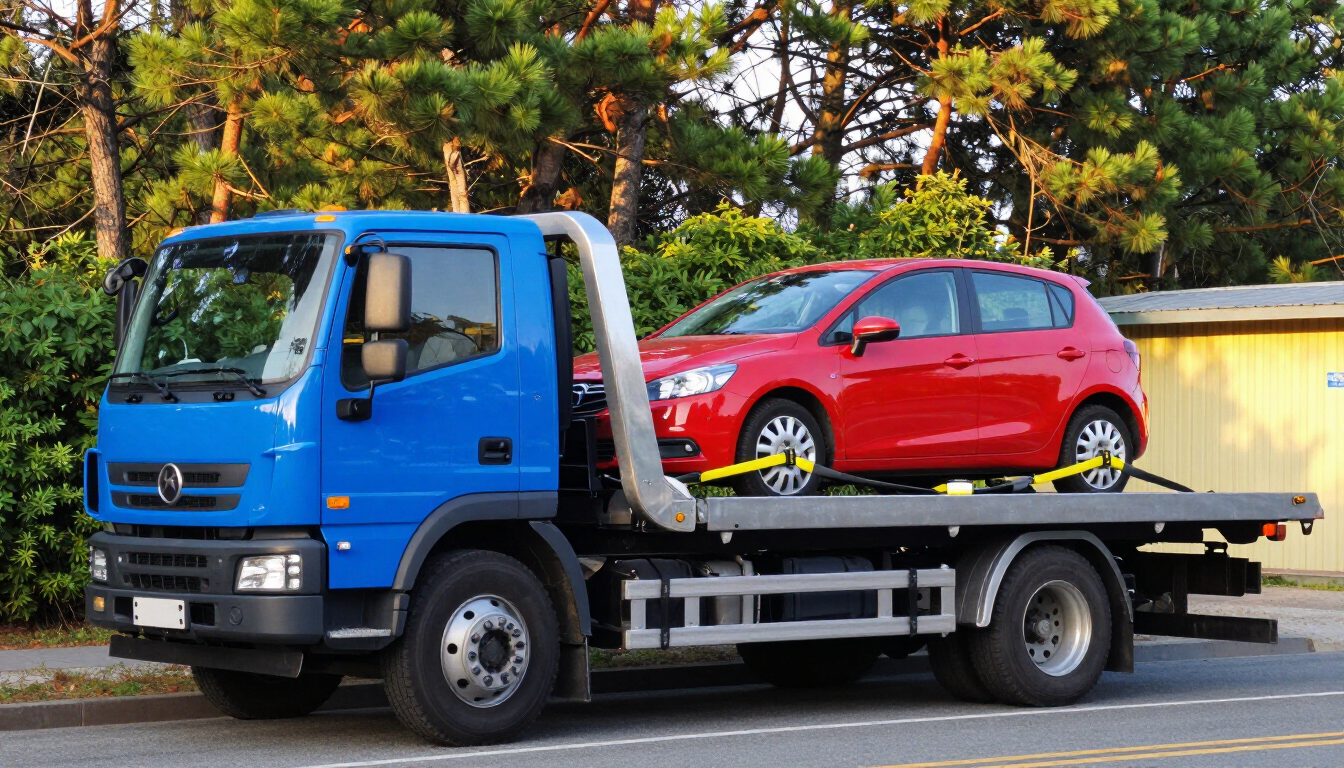 Blue flatbed tow truck carrying a red hatchback on a road