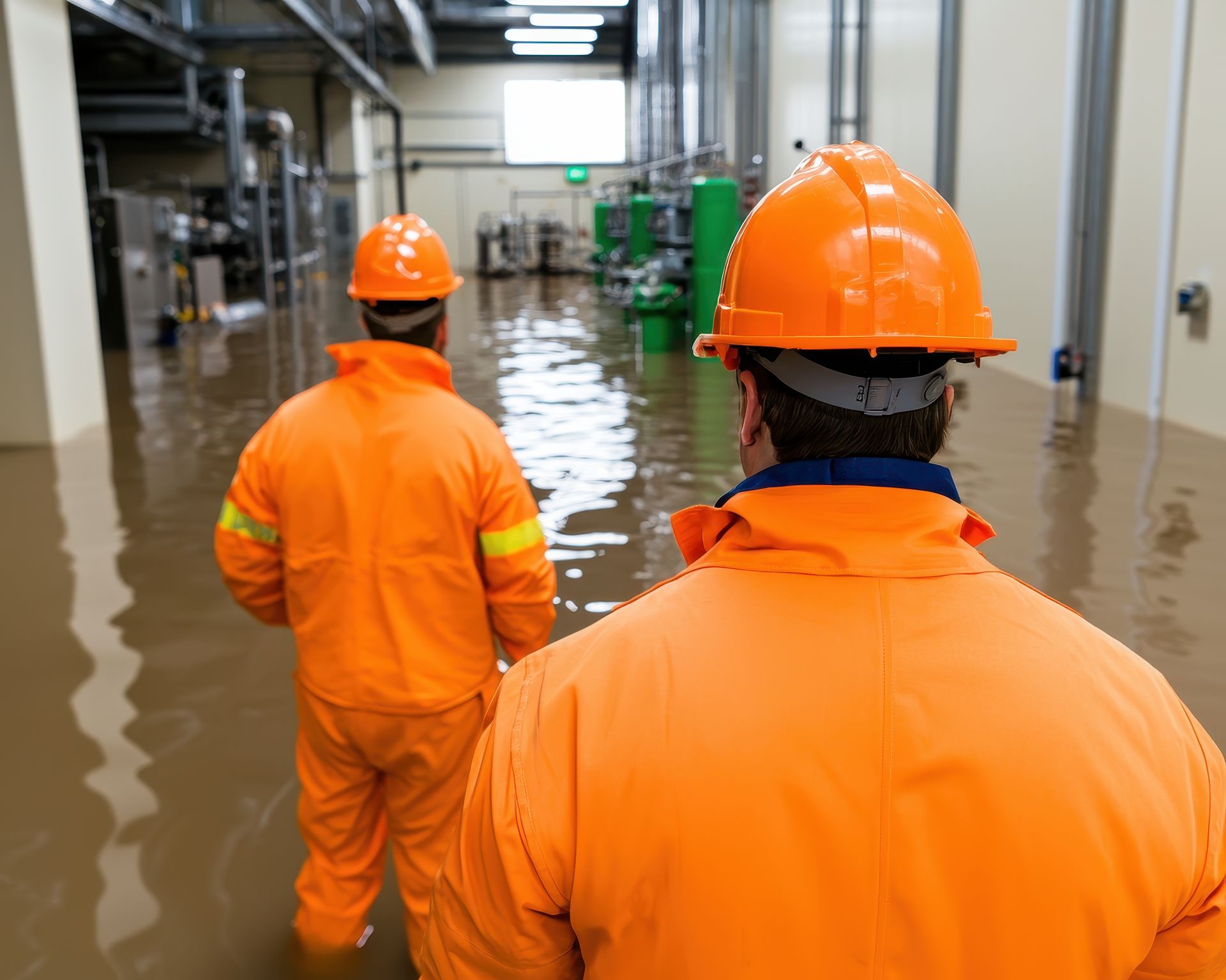 Two men in orange jumpsuits and hard hats are walking through a flooded room.