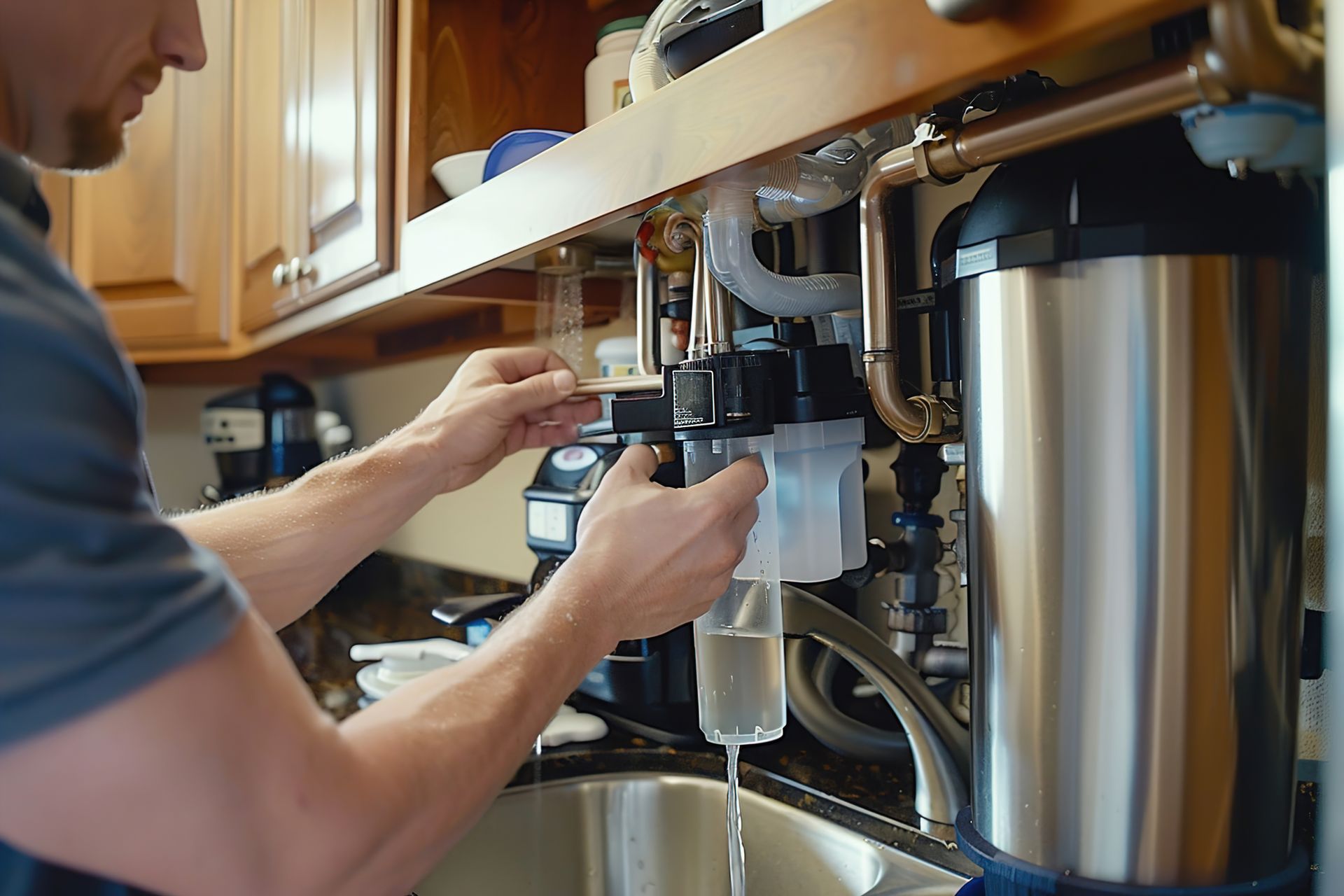 A man is fixing a water filter in a kitchen.