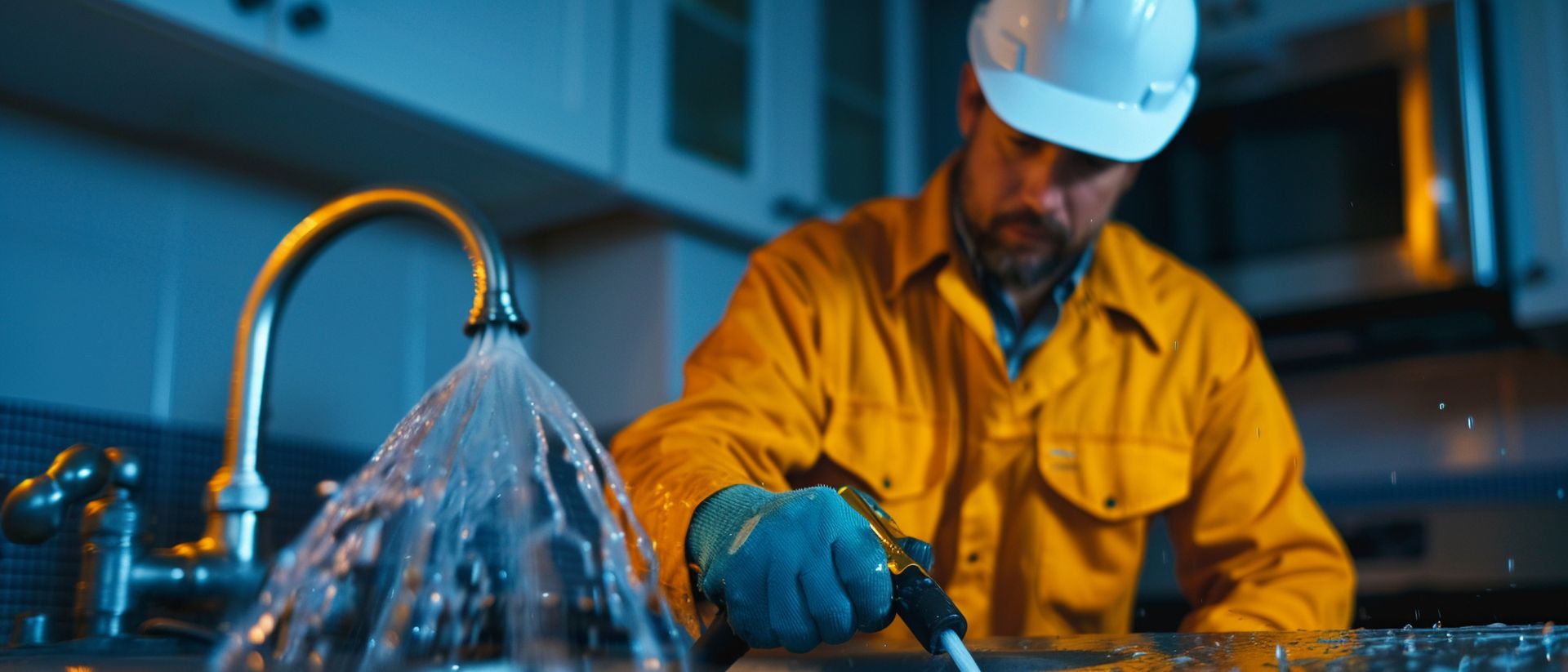 A man in a hard hat is fixing a leak in a kitchen sink.