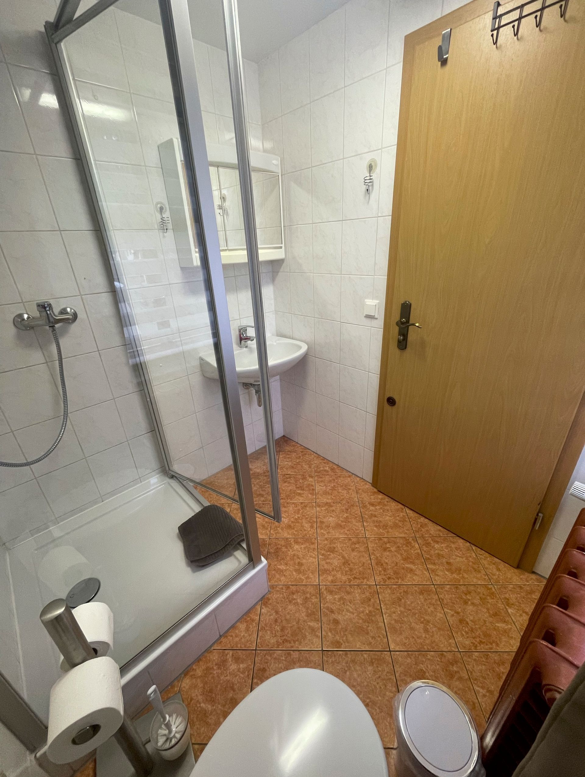 Ein Badezimmer mit Toilette, Waschbecken, Dusche und Spiegel.