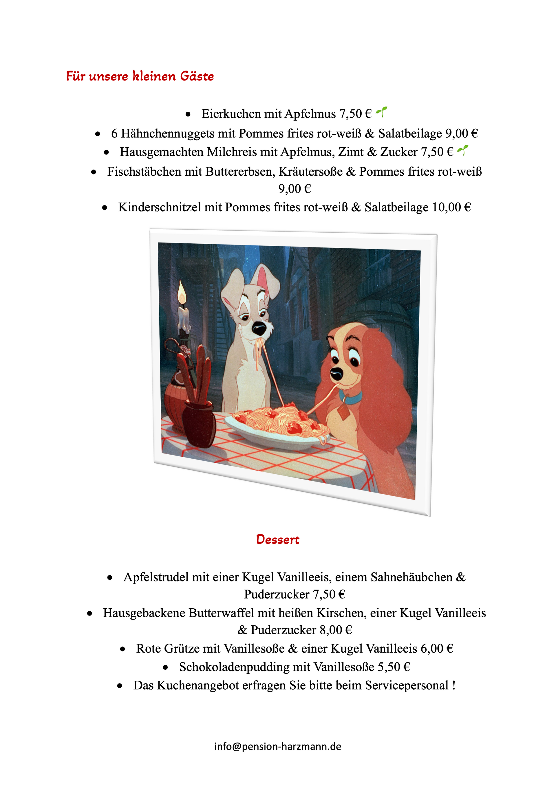 Ein Flyer für einen italienischen Abend mit einem Bild von Susi und Strolch, die an einem Tisch Spaghetti essen.