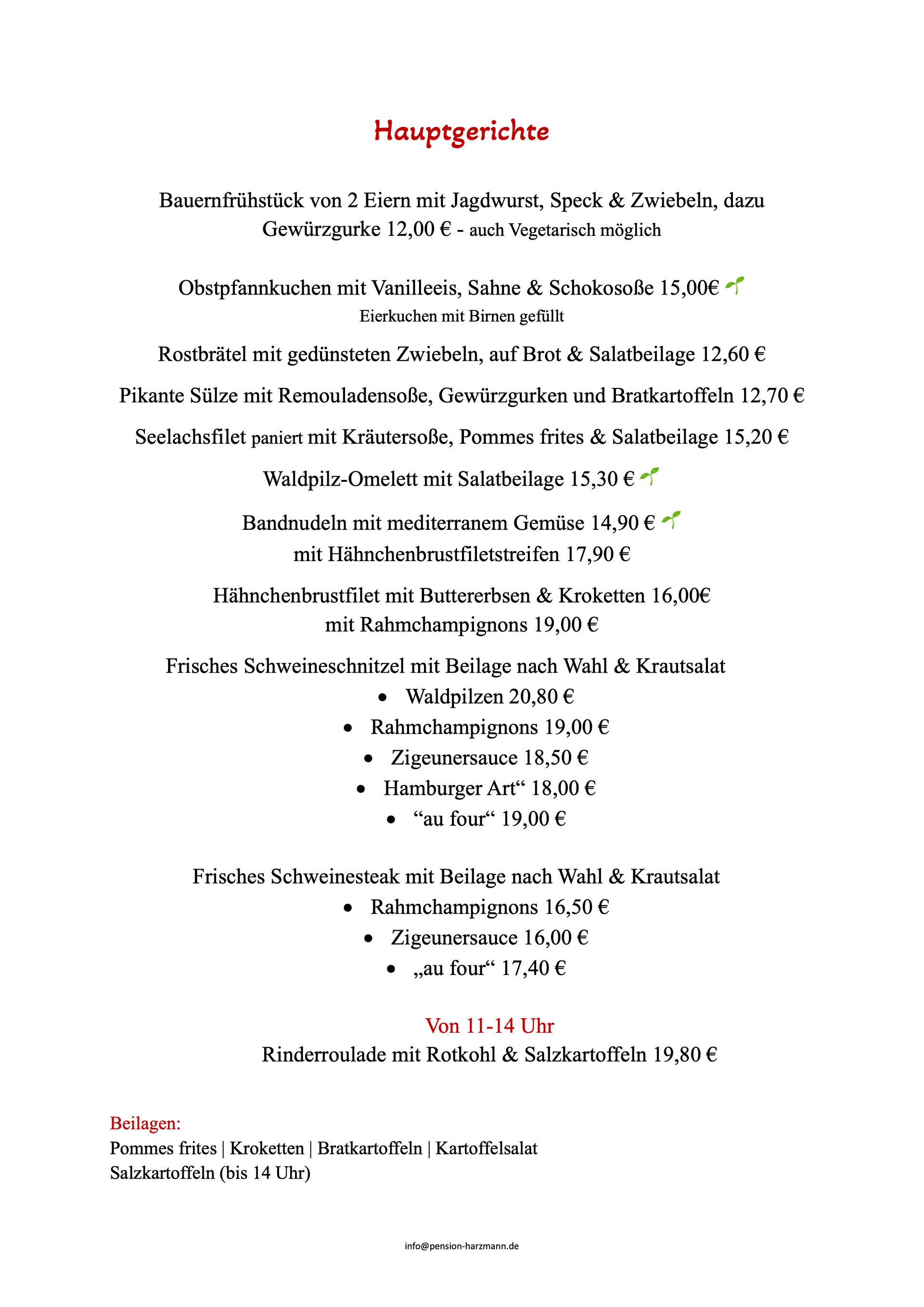 Eine Speisekarte mit dem Titel „Hauptgerichte“, auf der verschiedene Speisen mit ihren Preisen in Euro aufgelistet sind.