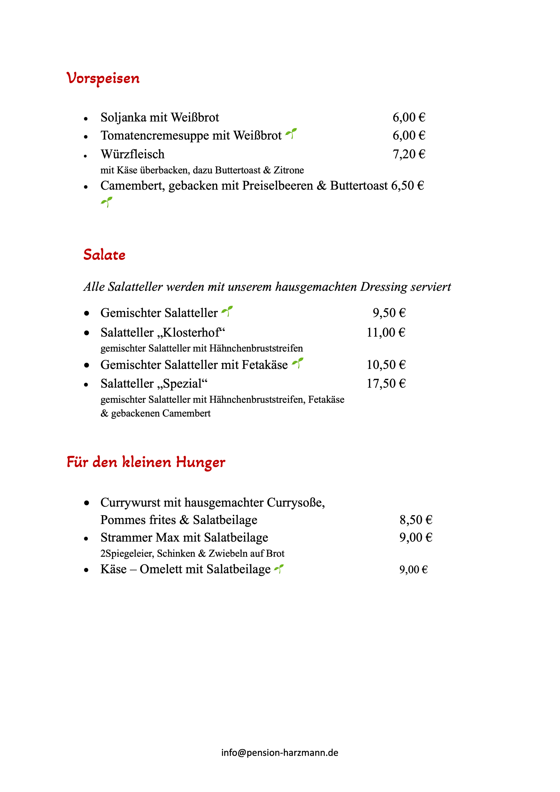 A menu featuring sections for Vorspeisen (appetizers), Salate (salads), and Für den kleinen Hunger (small bites) with prices.