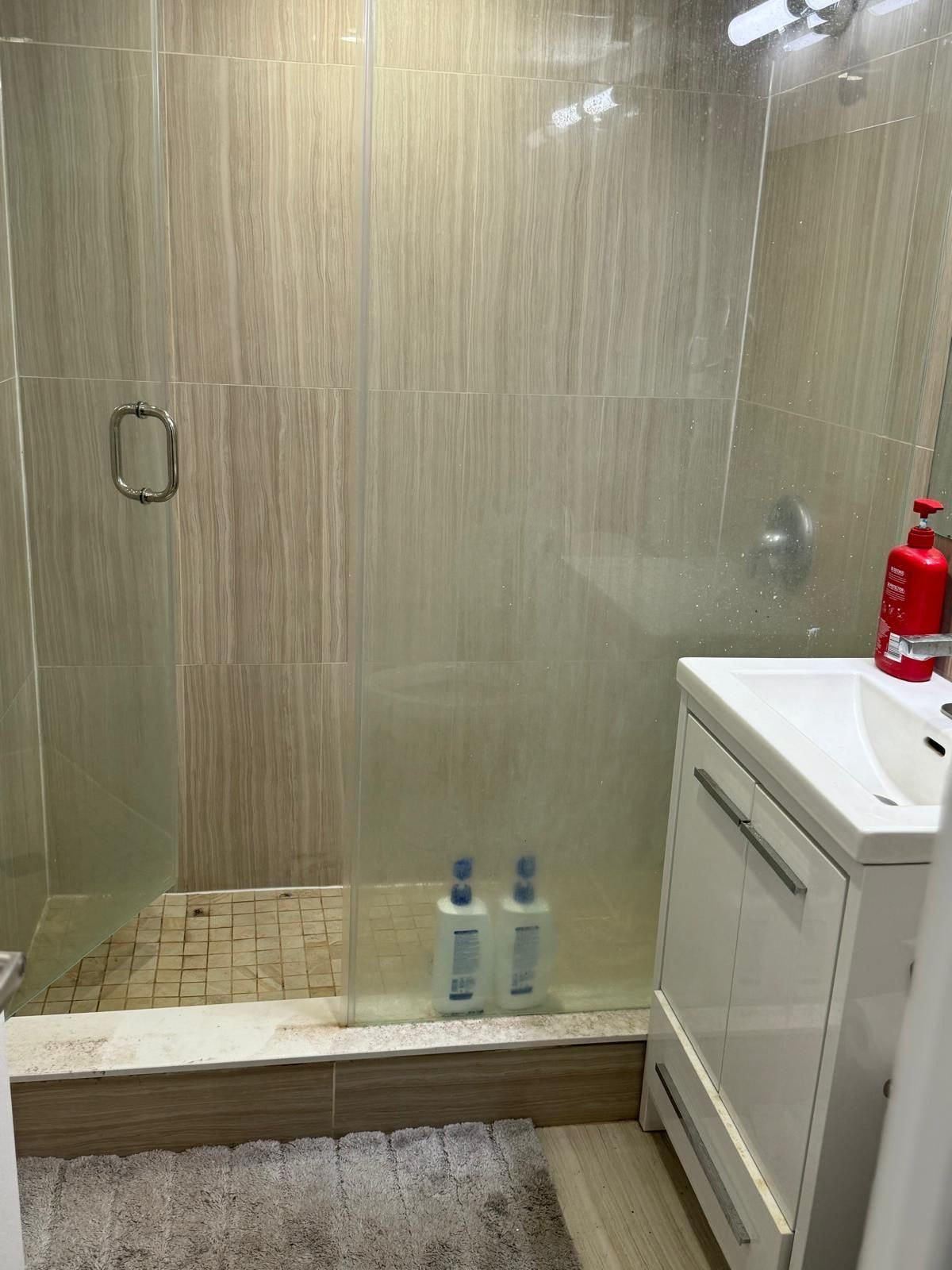 A bathroom with a walk in shower and a sink