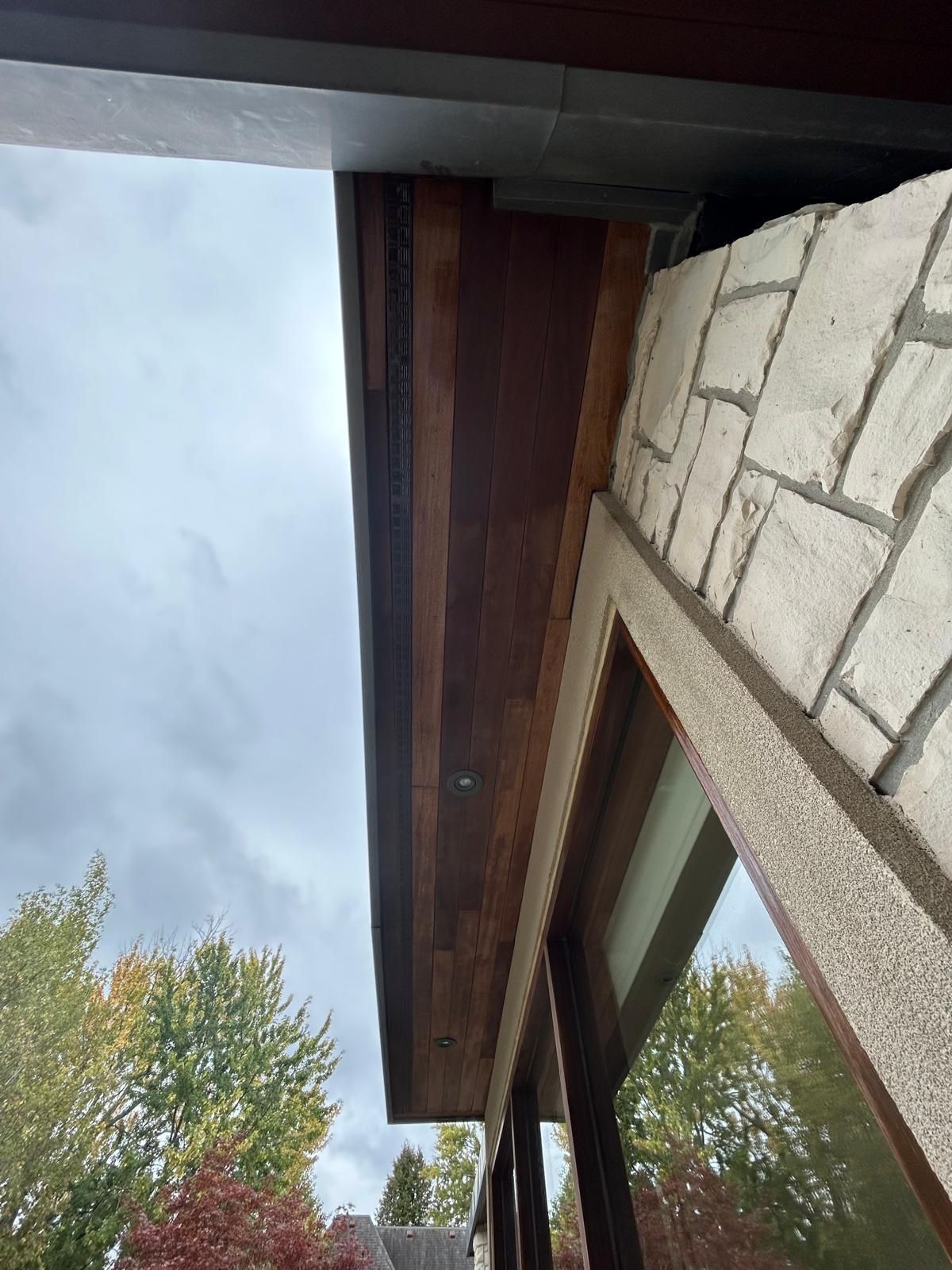 Looking up at the roof of a house with trees in the background.