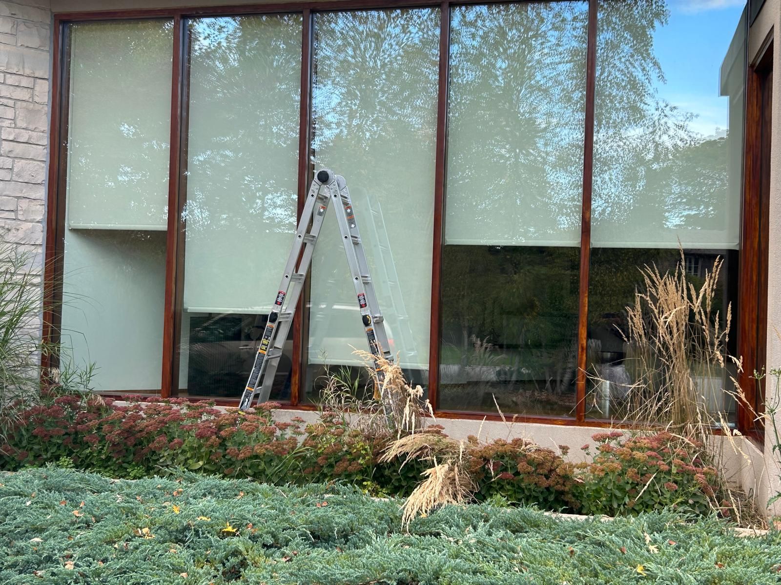 A ladder is sitting in front of a large window.