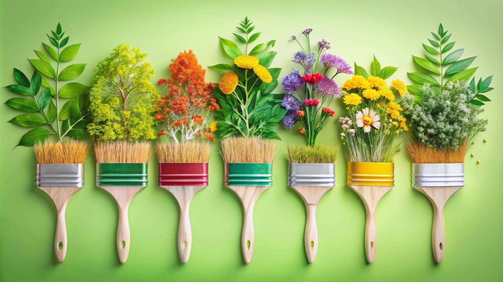 A row of paint brushes filled with flowers and leaves on a green background.
