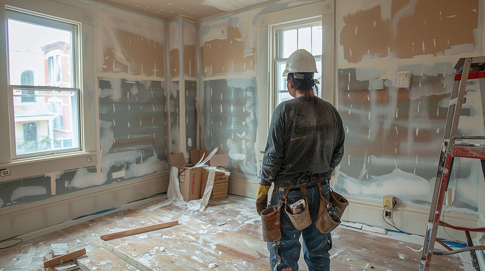 A man is standing in a room that is being remodeled.