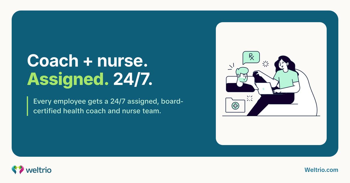 Line illustration of a Weltrio health coach and nurse team assigned to an employee, available 24/7.
