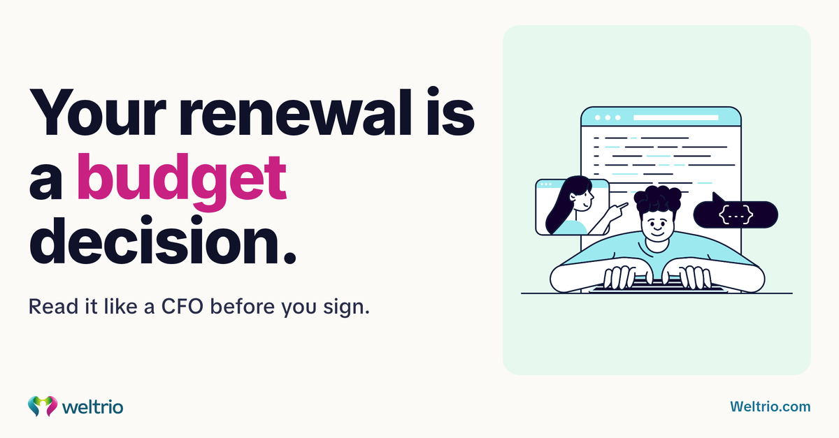 Your Renewal Is a Budget Decision. Read It Like a CFO. Weltrio hero graphic.