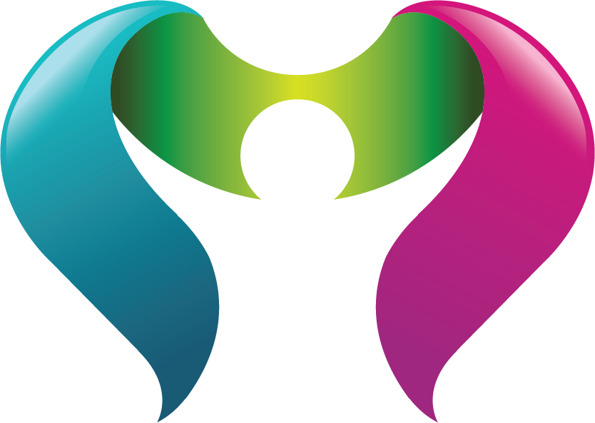 Abstract logo of person with arms raised, surrounded by blue, green, and pink curved shapes.
