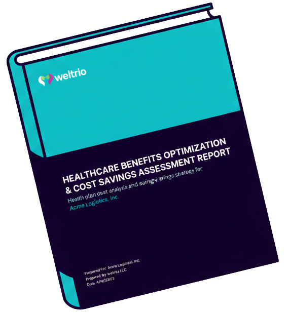 Healthcare benefits optimization report cover. Teal and navy book with logo for Weltrio.
