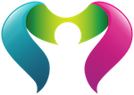 A stylized, abstract human figure in white, arms raised, framed by two flowing, heart-shaped forms in teal and magenta.