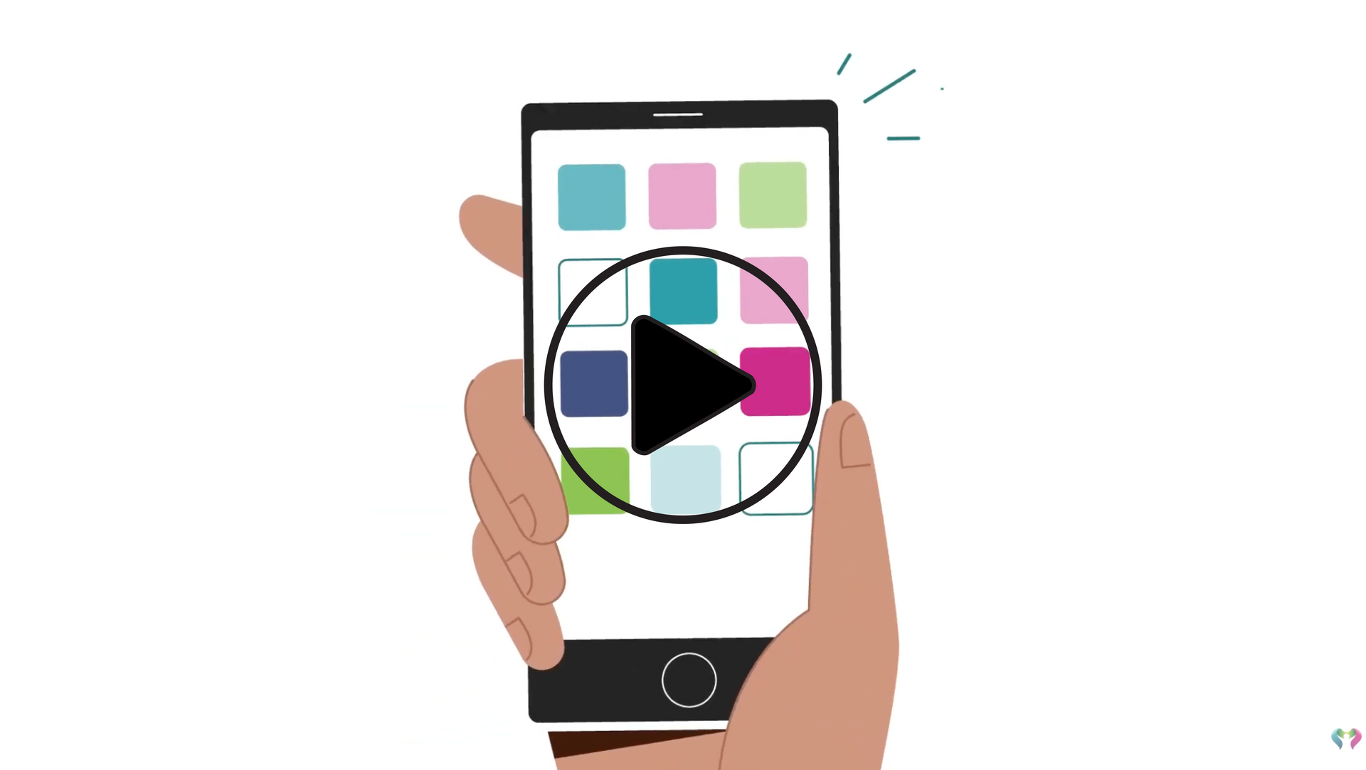 Hand holding a smartphone displaying colorful app icons. A play button is visible in the center.
