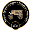 National Funeral Directors & Embalmers Association 1888 gold-and-black circular logo with a horse-drawn hearse