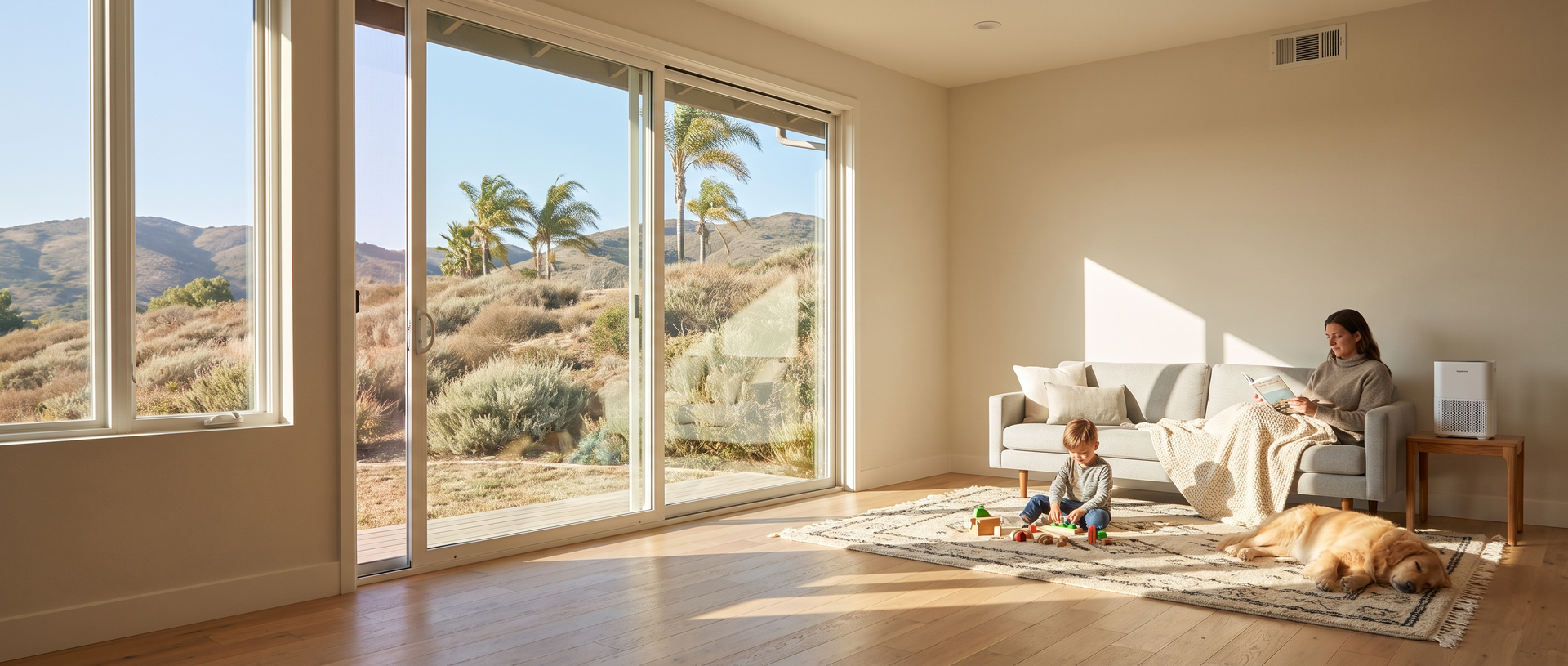 Family relaxing in a sunlit living room with closed windows.