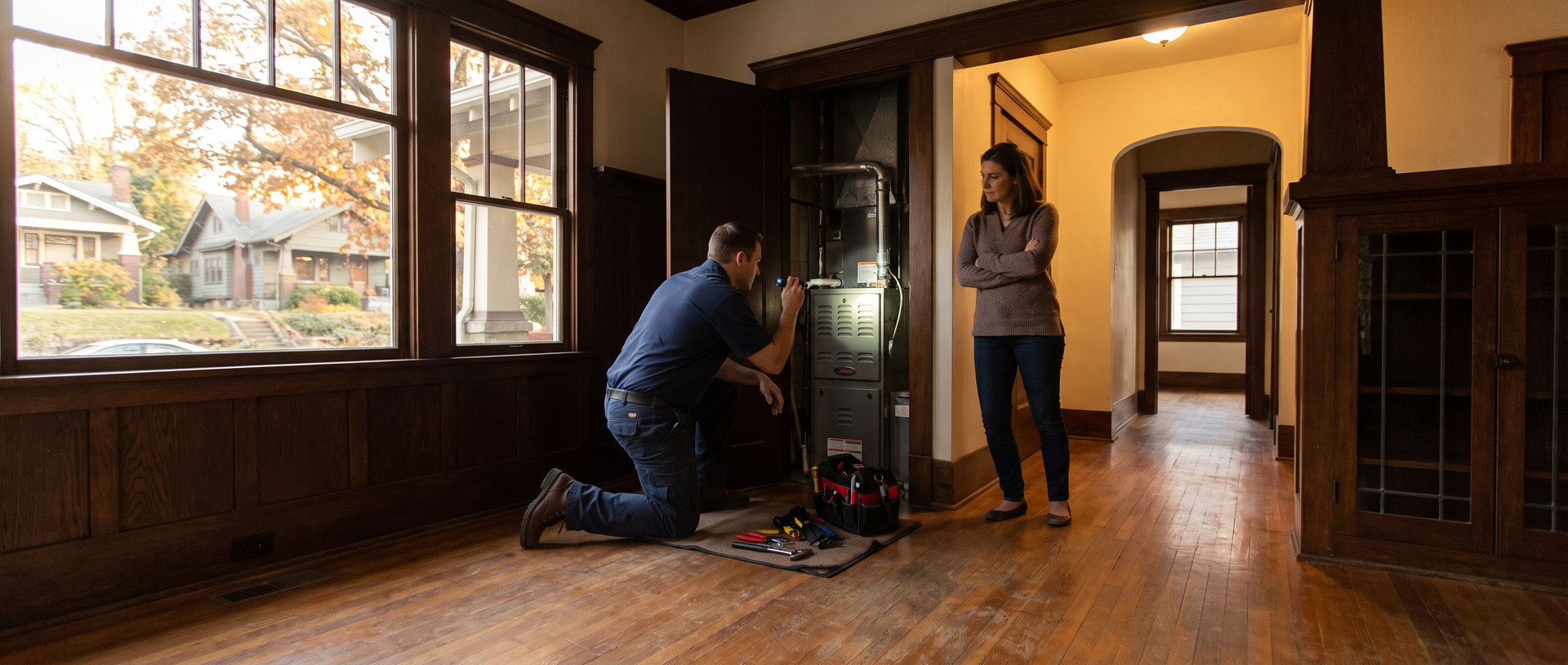 HVAC technician inspecting a furnace in a closet of an older Craftsman home