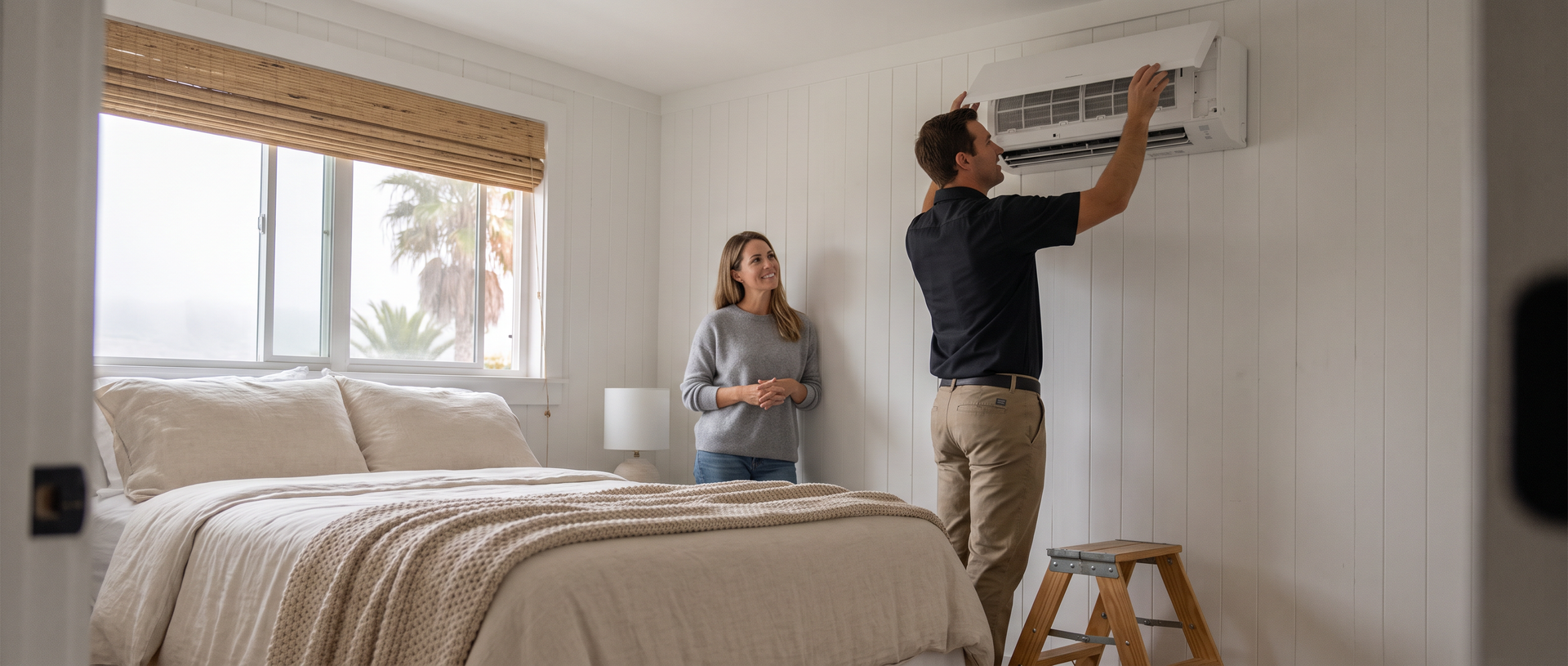 HVAC technician inspecting a wall-mounted ductless mini-split in a bright coastal bedroom.