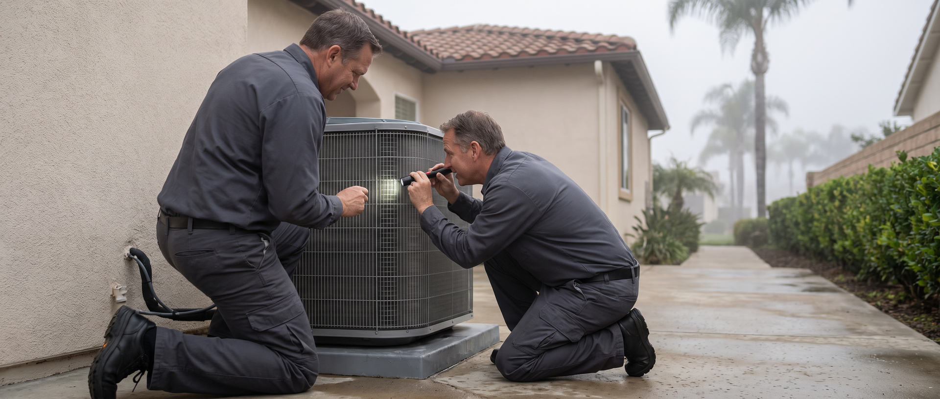 HVAC technician inspecting an outdoor heat pump beside a coastal home on a misty morning